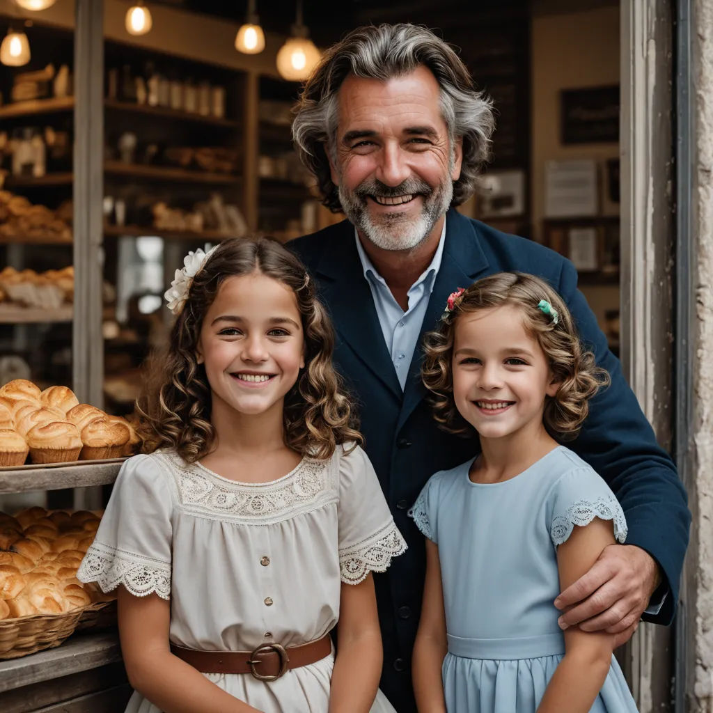 a man and two little girls standing in front of a bakery display case with breads on shelves behind them, arts and crafts movement, a stock photo, Eric de Kolb, portrait photography