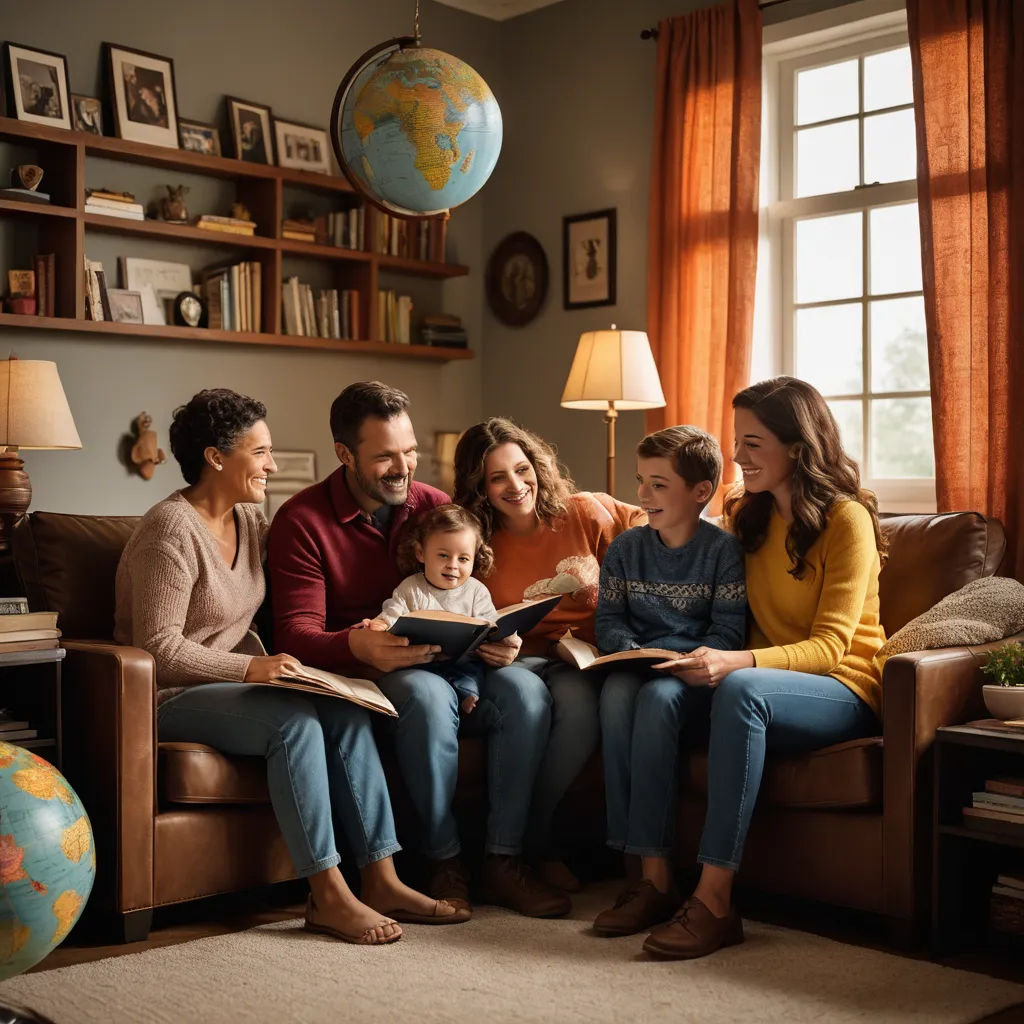 a family sitting on a couch reading a book together in a living room with a globe on the wall, excessivism, a stock photo, Anne Rigney, portrait photography