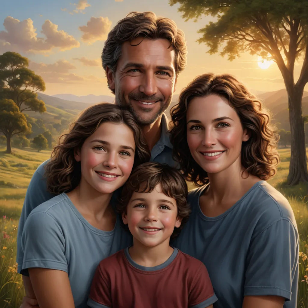 a painting of a family posing for a picture in a field of flowers and trees at sunset with the sun shining, american scene painting, a photorealistic painting, Brothers Hildebrandt, highly detailed digital painting