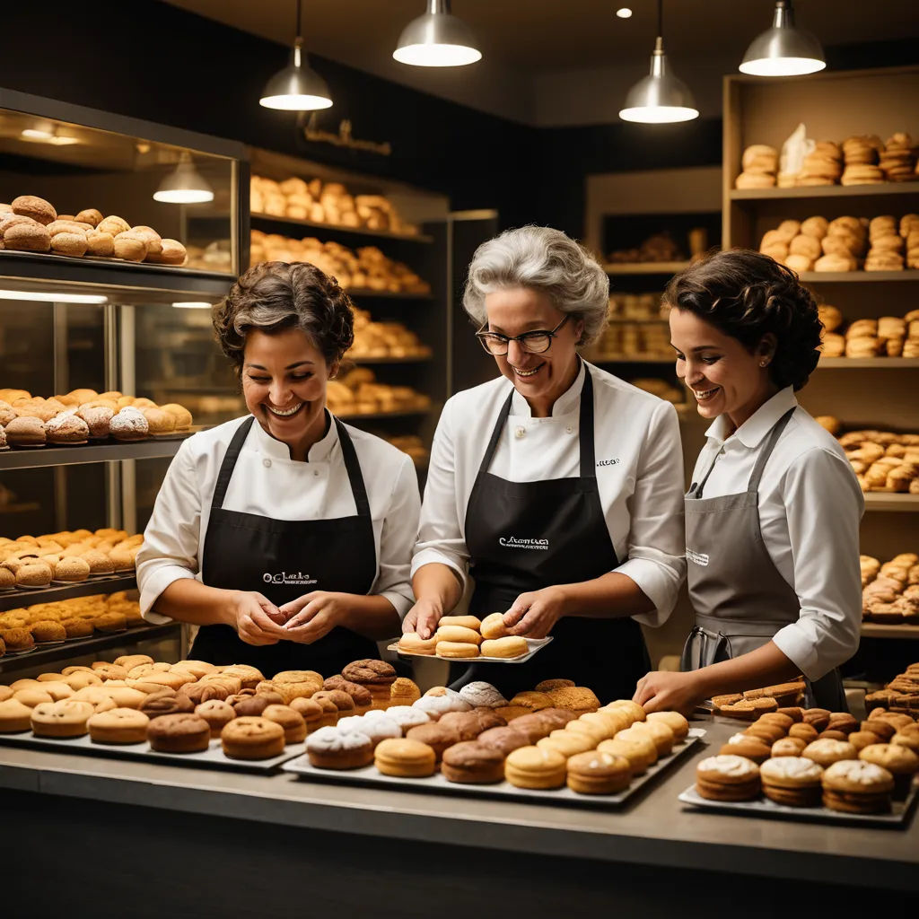 three women in aprons are working in a bakery with trays of donuts on the counter and a shelf of pastries behind them, les automatistes, a stock photo, Camille Bombois, professional food photography