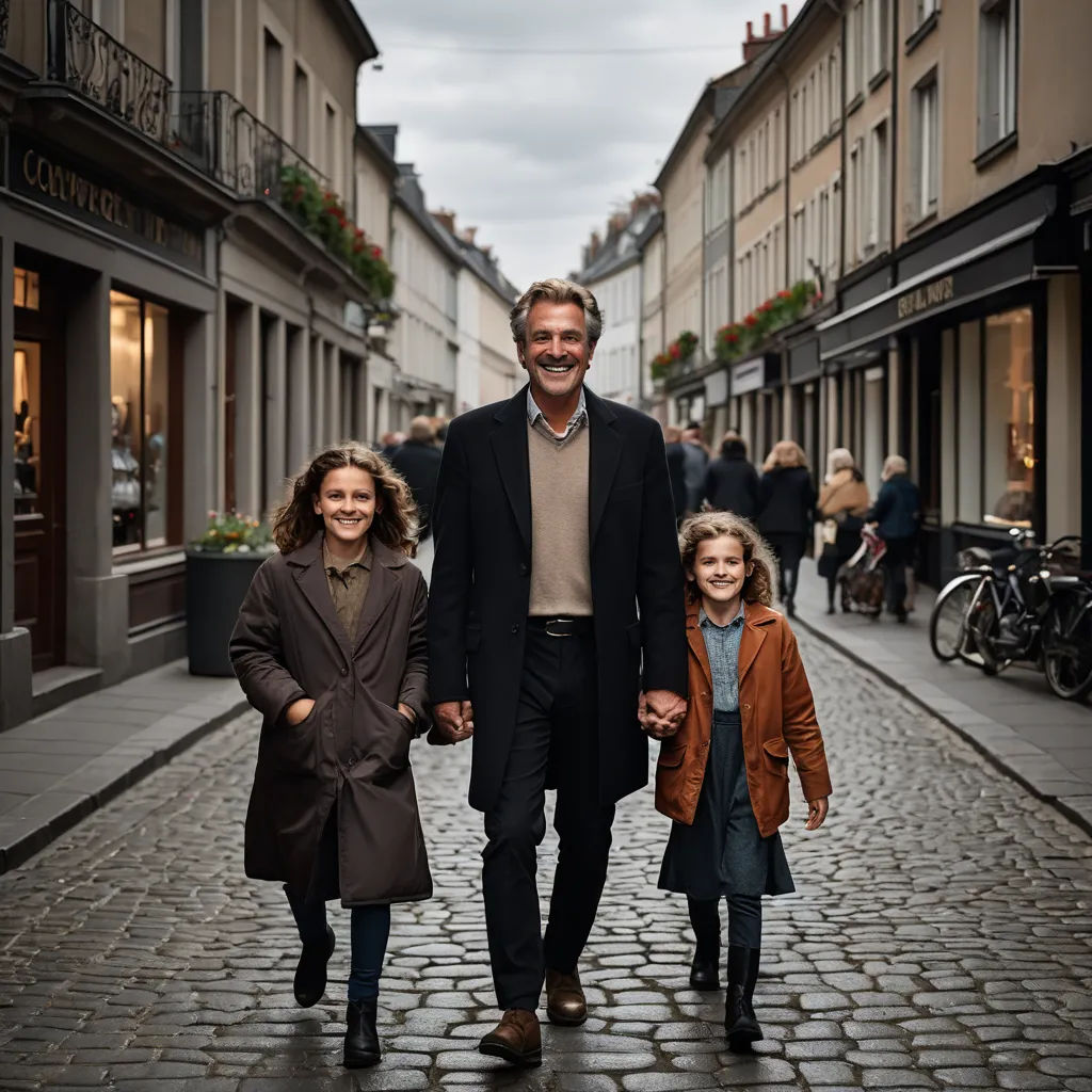 a man and two children walking down a street in a city with buildings on both sides of the street, barbizon school, a character portrait, Christian Hilfgott Brand, promotional image