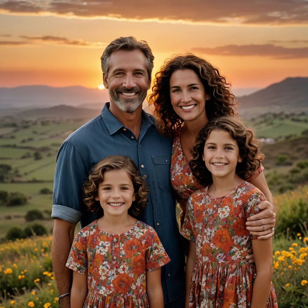 a man and two girls standing in a field with a sunset in the background and a mountain in the background, precisionism, a stock photo, Christian Hilfgott Brand, portrait photography