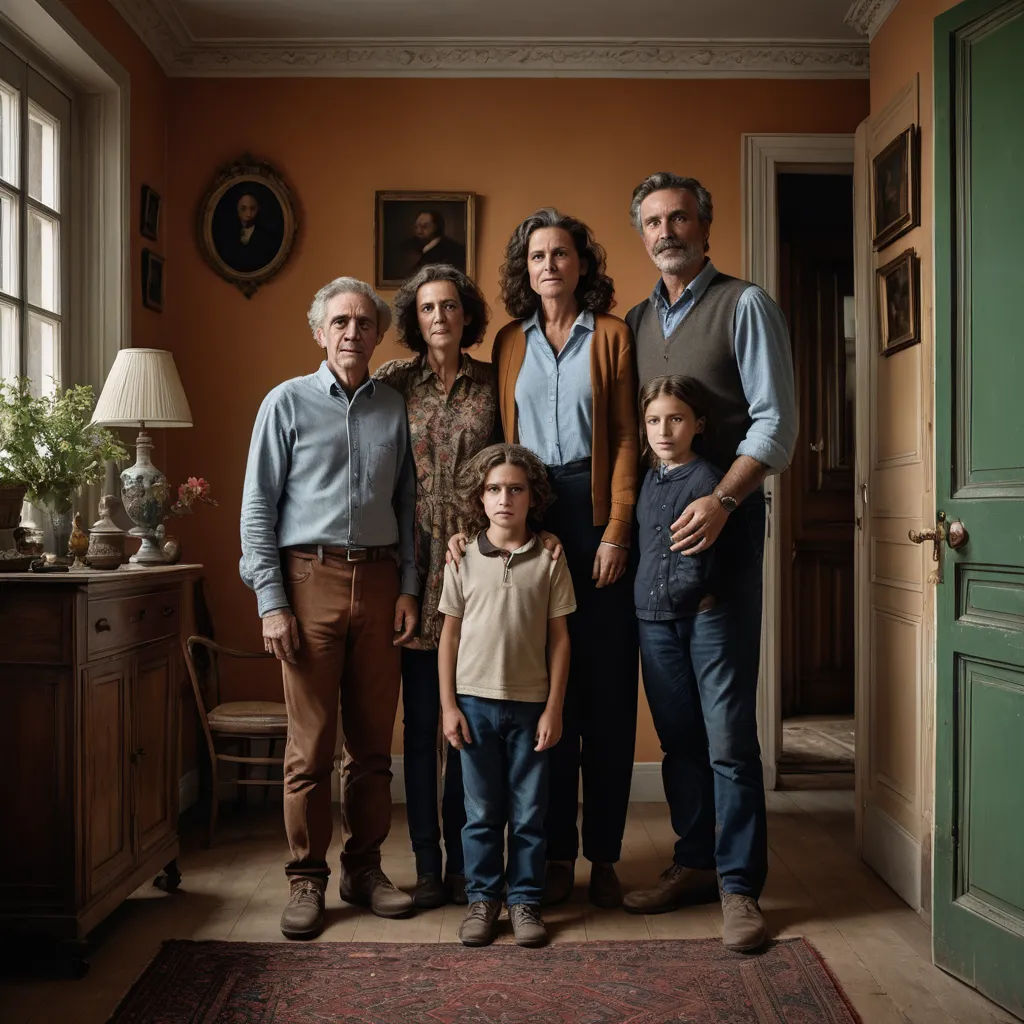 a family standing in a room with a green door and a rug on the floor and a green door, les automatistes, a poster, Charles Angrand, promotional image