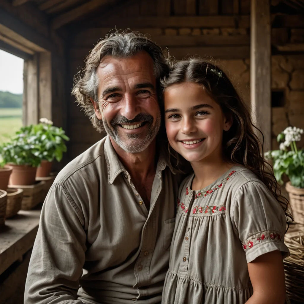 a man and a little girl are smiling for the camera while sitting on a bench in a rustic cabin, arts and crafts movement, a stock photo, Eric de Kolb, portrait photography