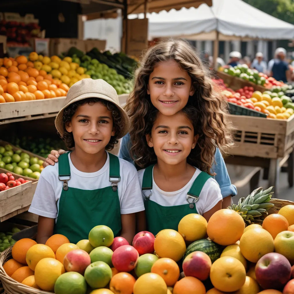 two young girls standing in front of a basket of fruit at a market stall with a large variety of fruits, lyco art, a stock photo, Bracha L. Ettinger, professional food photography