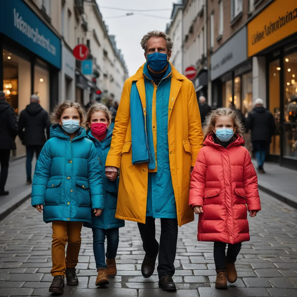 a man and two children wearing masks walking down a street in a city with shops on both sides of the street, de stijl, a stock photo, Floris van Schooten, dystopian