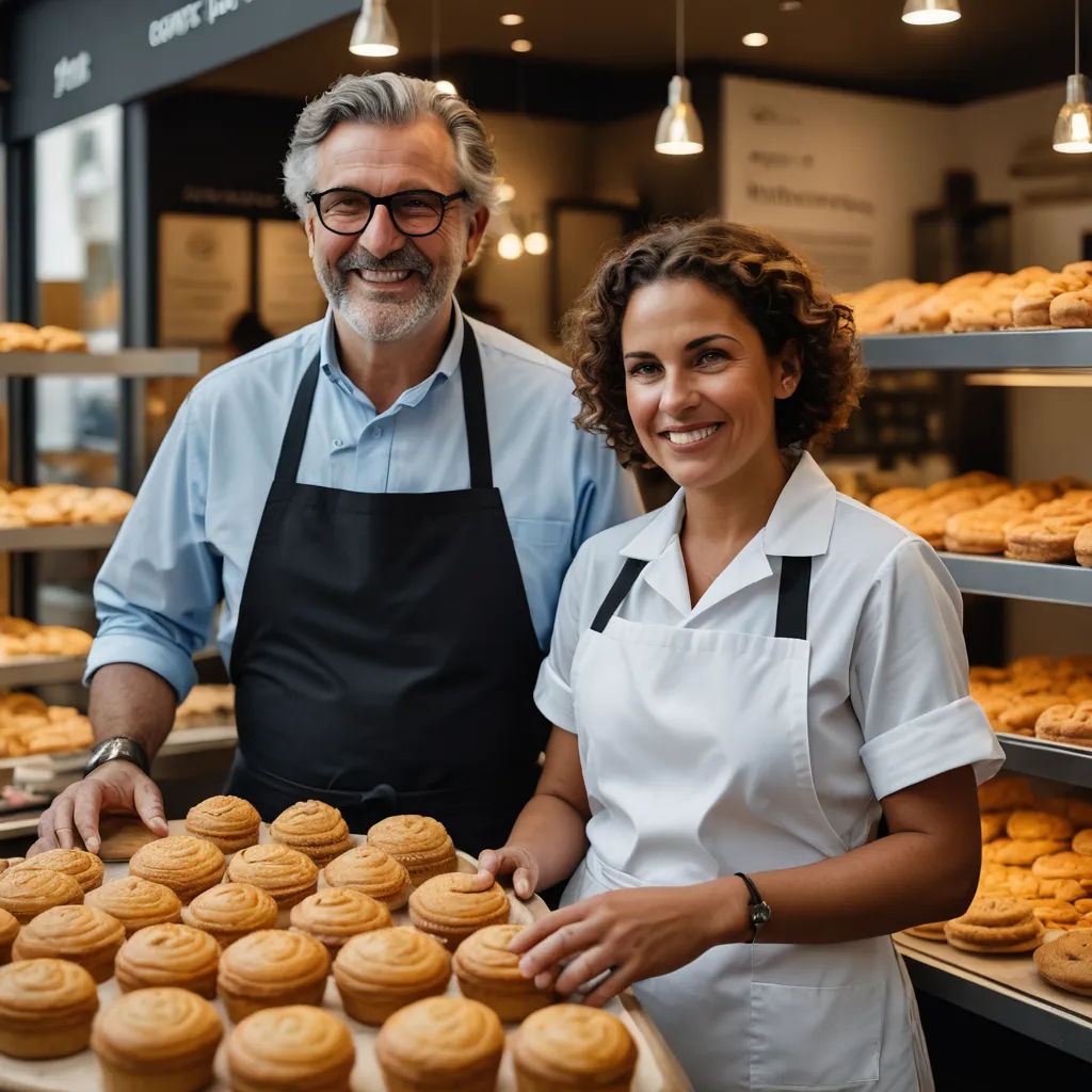 a man and woman standing in front of a tray of cupcakes in a bakery shop with a rack of cupcakes behind them, private press, a stock photo, Camille Bombois, professional food photography