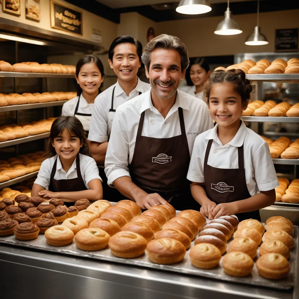 a man and two children standing behind a counter of donuts and pastries in a bakery with a man in the background, heidelberg school, a stock photo, Christian Hilfgott Brand, promotional image