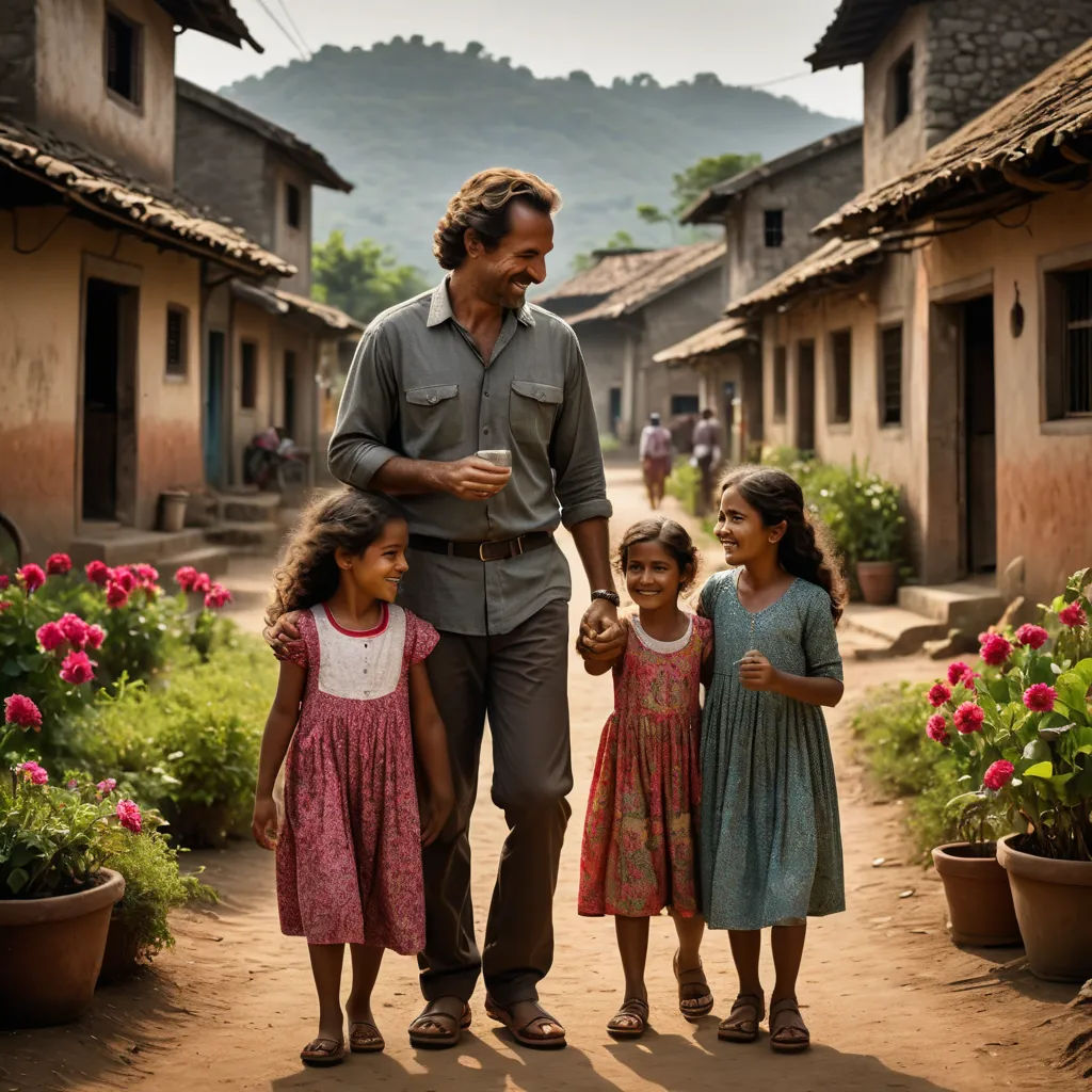 a man walking with two little girls in a village with flowers in the foreground and a mountain in the background, magical realism, a poster, Daniel Lieske, promotional image