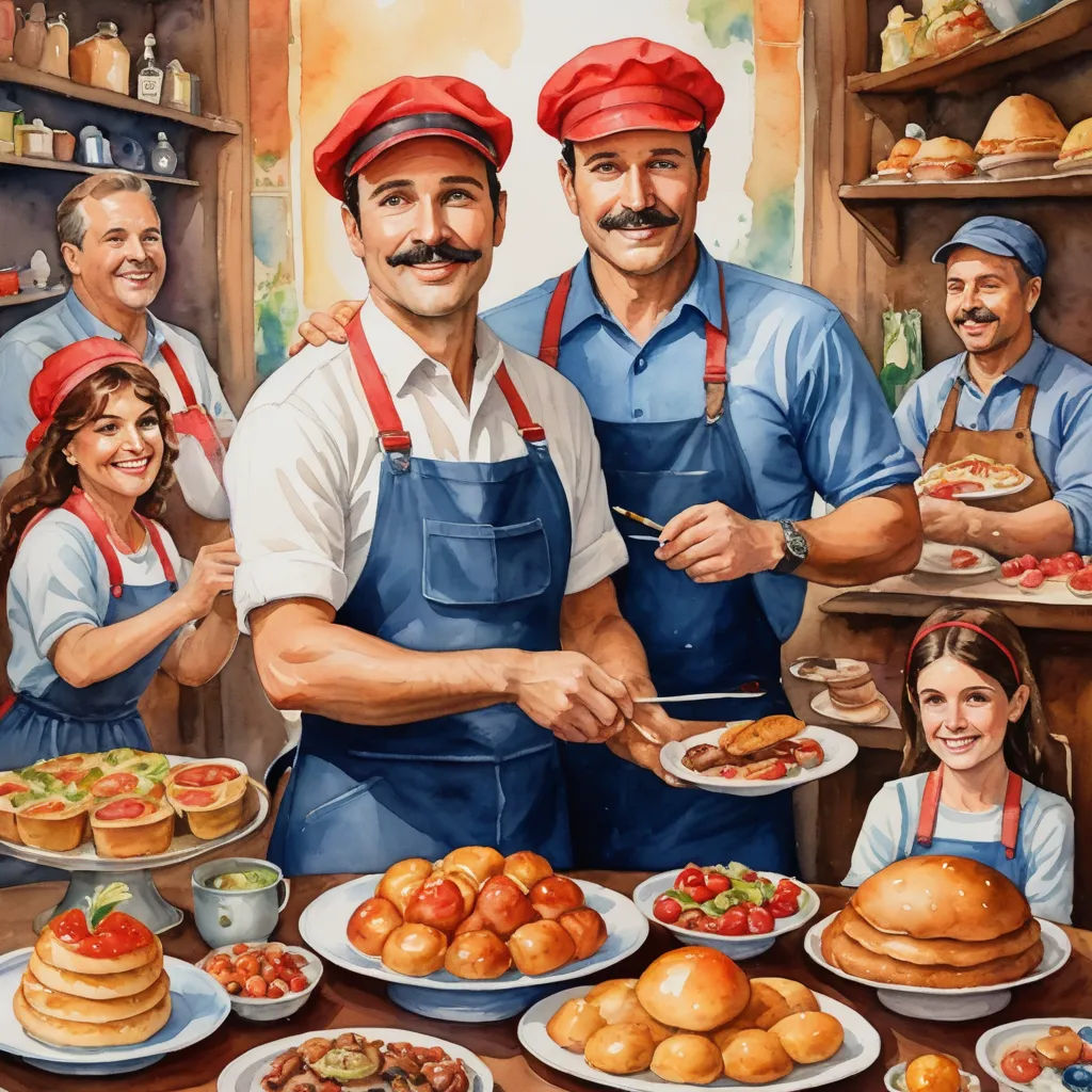 a painting of a man serving food to a group of people in a kitchen with a table full of food, socialist realism, a storybook illustration, Bourgeois, official art