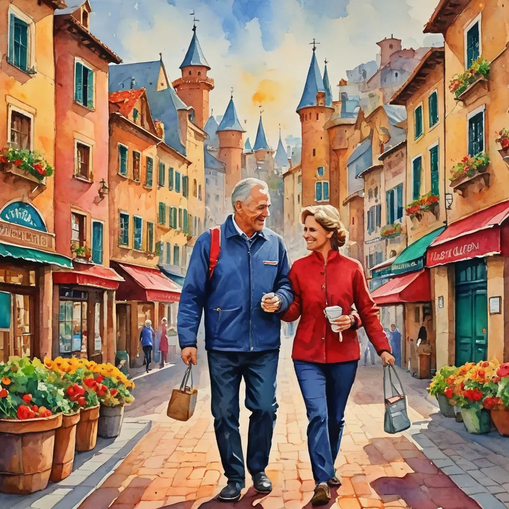 a painting of a man and woman walking down a street holding hands and talking to each other, with a city street in the background, modern european ink painting, an ultrafine detailed painting, Eric Deschamps, detailed painting