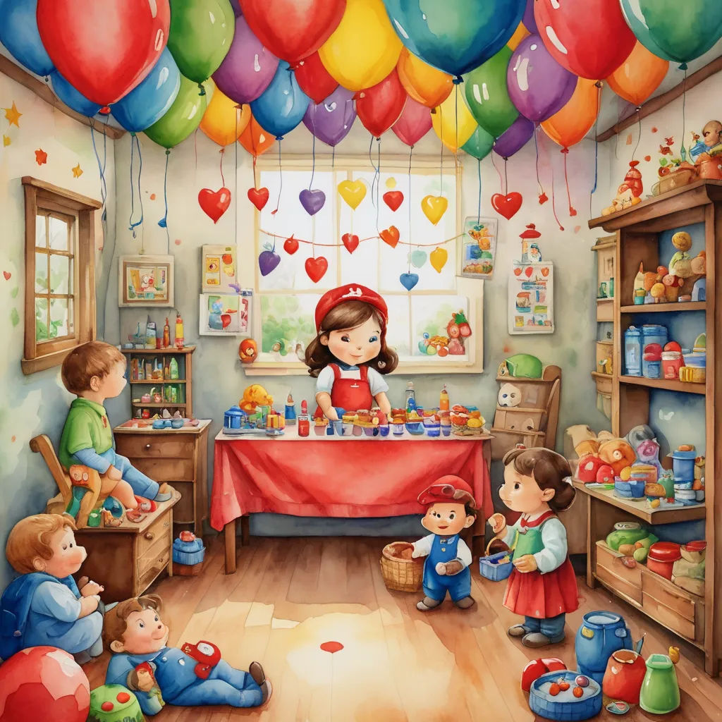 a painting of a child's room with balloons and toys in the air and a girl in a red dress, naive art, a storybook illustration, Evaline Ness, highly detailed digital painting