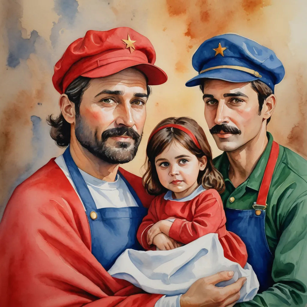 a painting of a man holding a little girl and a man holding a baby in his arms with a red cap on, socialist realism, an ultrafine detailed painting, F Scott Hess, tom of finland