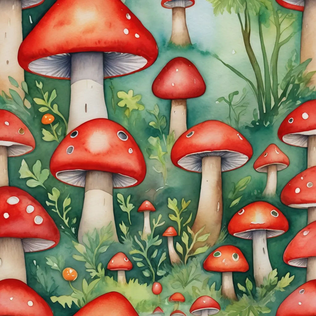 a painting of a group of mushrooms in a forest with green grass and trees in the background, with a blue sky in the background, fantasy art, a detailed painting, Alexander Jansson, in gouache detailed paintings