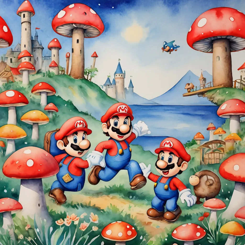 a painting of mario and luigi running through a mushroom forest with a castle in the background and a plane flying overhead, fantasy art, a storybook illustration, Chris LaBrooy, game art