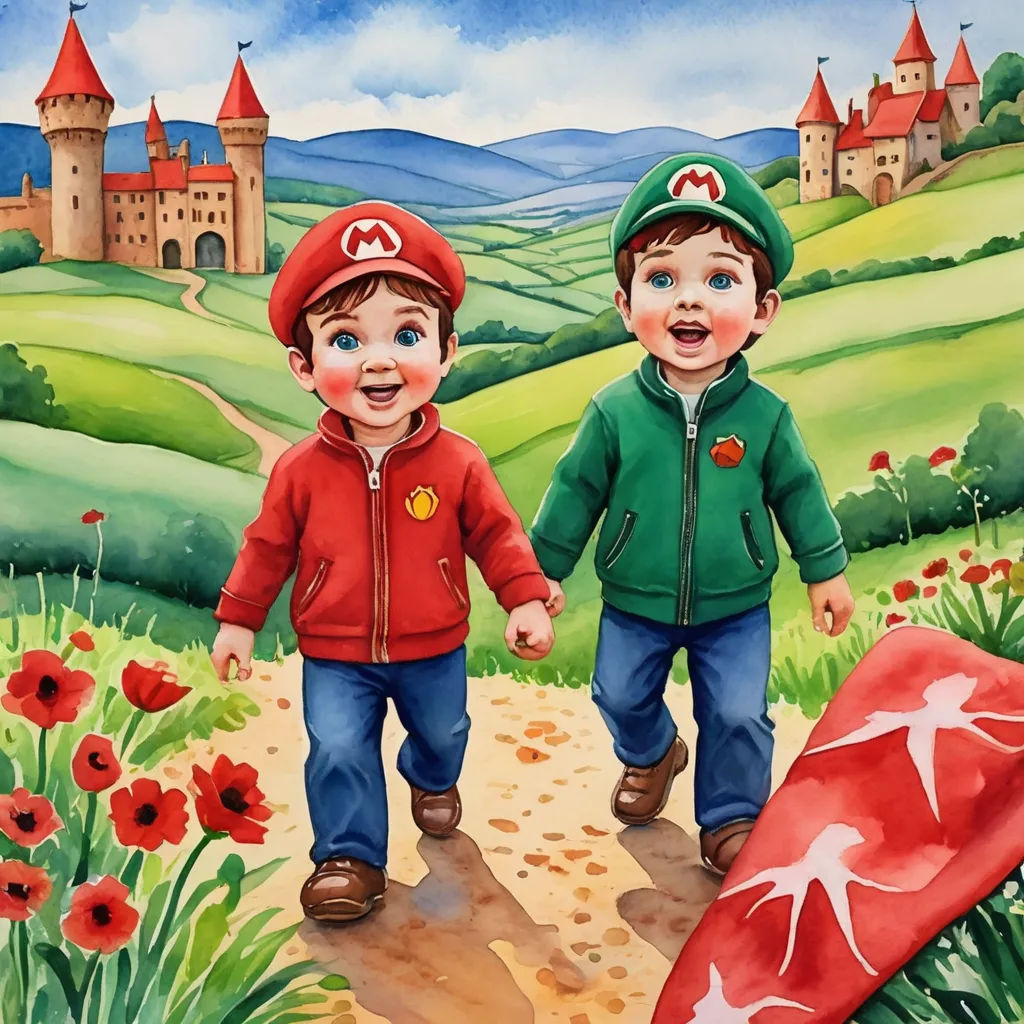 two children walking down a path in front of a castle with a red kite in the foreground and a red kite in the background, sots art, a storybook illustration, Diego Gisbert Llorens, storybook illustration