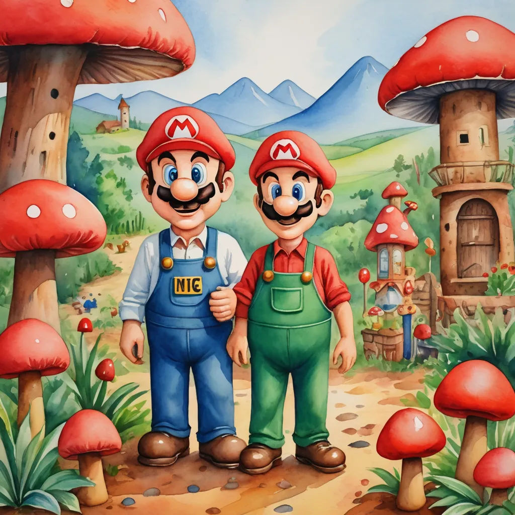 a painting of two people standing in front of a mushroom forest with mushrooms and mushrooms on the ground and a castle in the background, pop surrealism, a fine art painting, Chris LaBrooy, game art