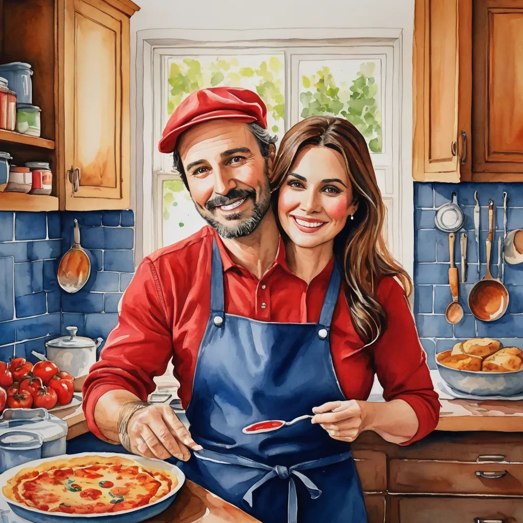 a painting of a man and woman cooking together in a kitchen with a pizza on the counter top and a pizza on the plate, hyperrealism, a storybook illustration, Anthony Palumbo, professional digital painting