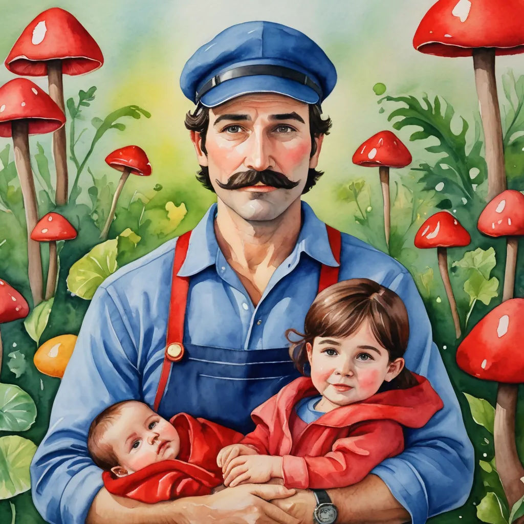a painting of a man holding a child in his arms in front of a field of mushrooms and mushrooms, magical realism, a storybook illustration, Aaron Jasinski, in gouache detailed paintings