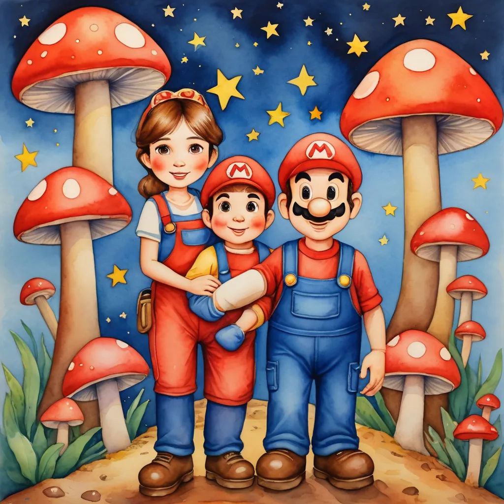 a painting of a family of three standing in front of mushrooms and stars in the sky with a blue background, pop surrealism, a storybook illustration, Aaron Jasinski, game art