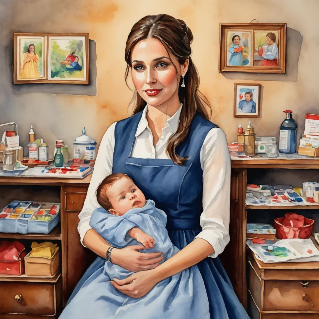 a painting of a woman holding a baby in a room with pictures on the wall and a desk with a baby in it, american realism, a storybook illustration, Caroline Lucy Scott, extremely detailed oil painting