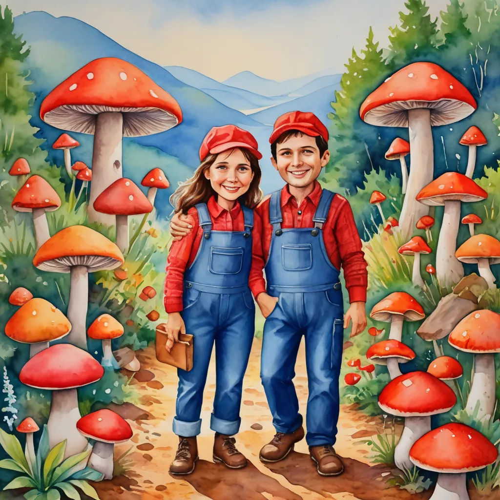 a painting of a couple standing in front of a forest of mushrooms with a mountain in the background and a blue sky, pop surrealism, a storybook illustration, Diego Gisbert Llorens, detailed painting