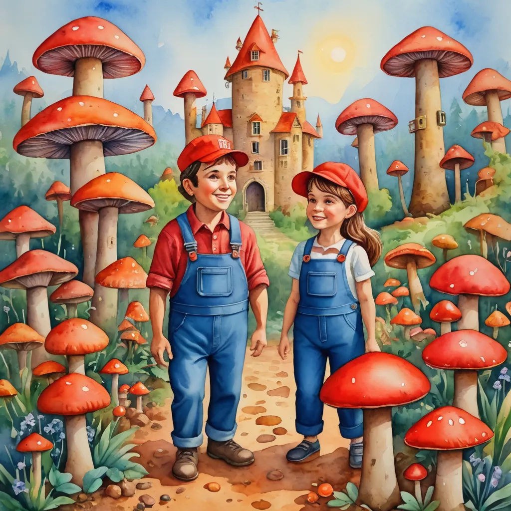 a painting of two children standing in front of a castle with mushrooms on it and a pathway leading to it, fantasy art, a storybook illustration, Aaron Jasinski, storybook illustration