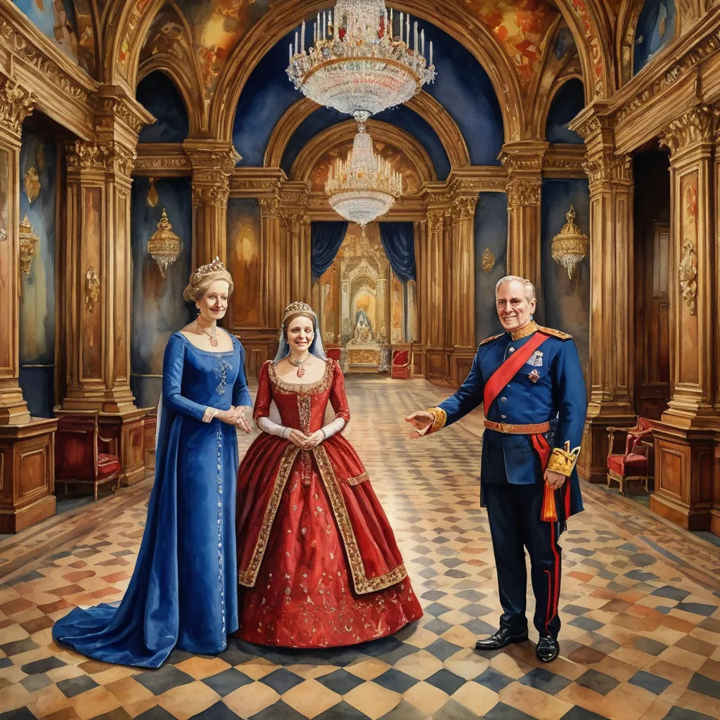 a painting of a man and woman in formal dress standing in a palace hall with a chandelier, fantastic realism, an ultrafine detailed painting, Chris LaBrooy, highly detailed oil painting