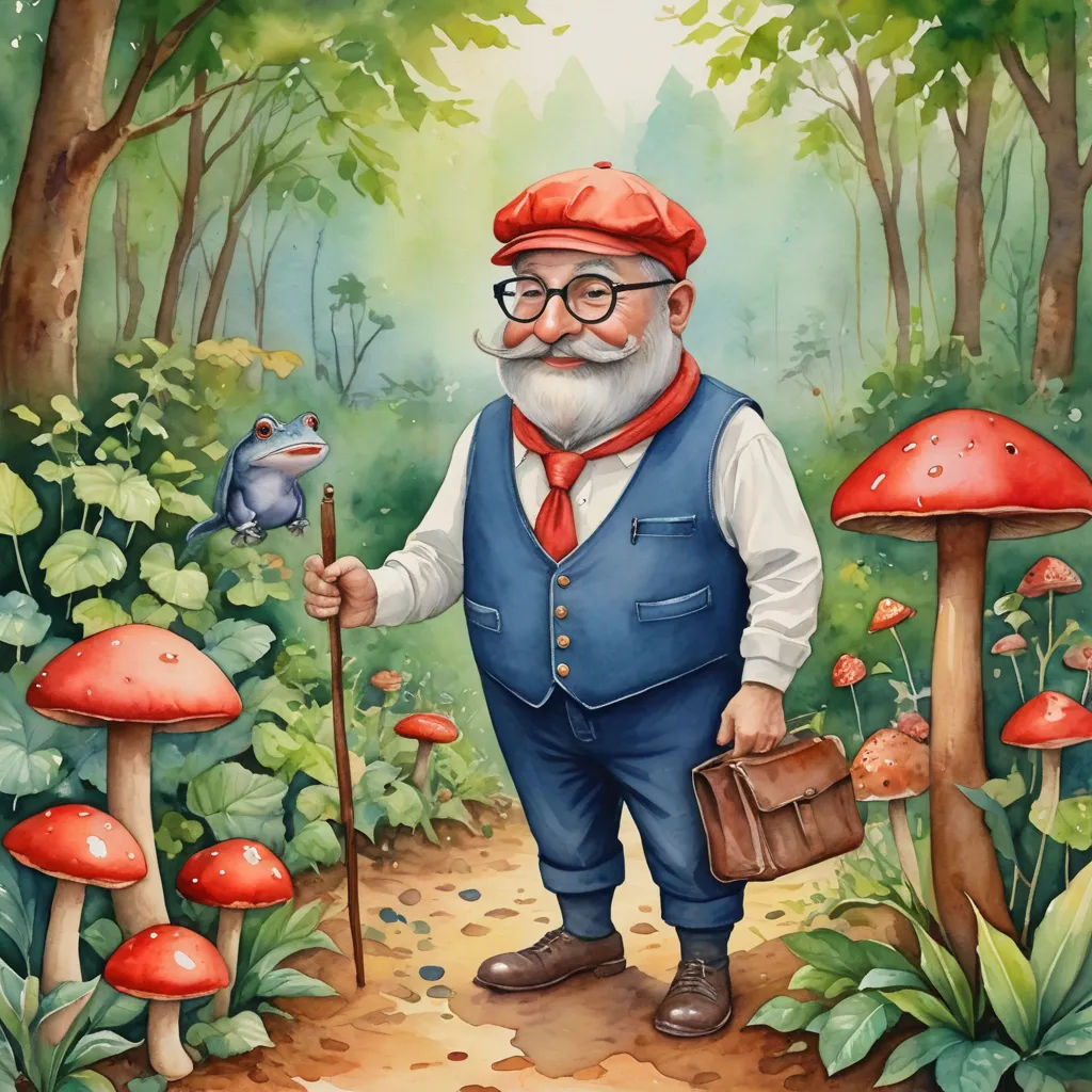 a painting of a man with a red hat and glasses standing in a forest with mushrooms and toades, fantasy art, a storybook illustration, Alexander Jansson, storybook illustration