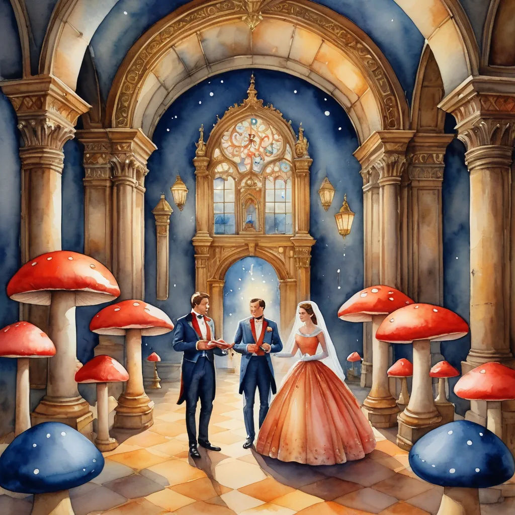a painting of a bride and groom in a fairy tale with mushrooms and mushrooms on the floor and a clock on the wall, magical realism, a storybook illustration, Daniel Merriam, storybook illustration