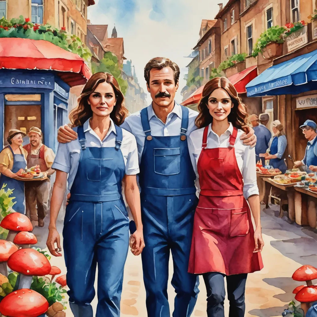 a painting of a man and woman walking down a street with a man in a red apron and a woman in a blue apron, socialist realism, an ultrafine detailed painting, Bourgeois, official art