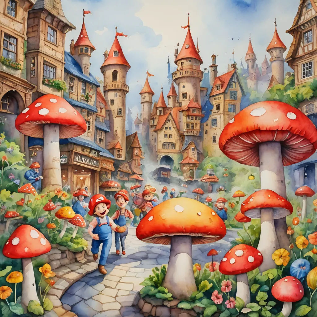a painting of a fairy tale with a lot of mushrooms and people walking around it and a castle in the background, fantasy art, a storybook illustration, Daphne McClure, storybook illustration
