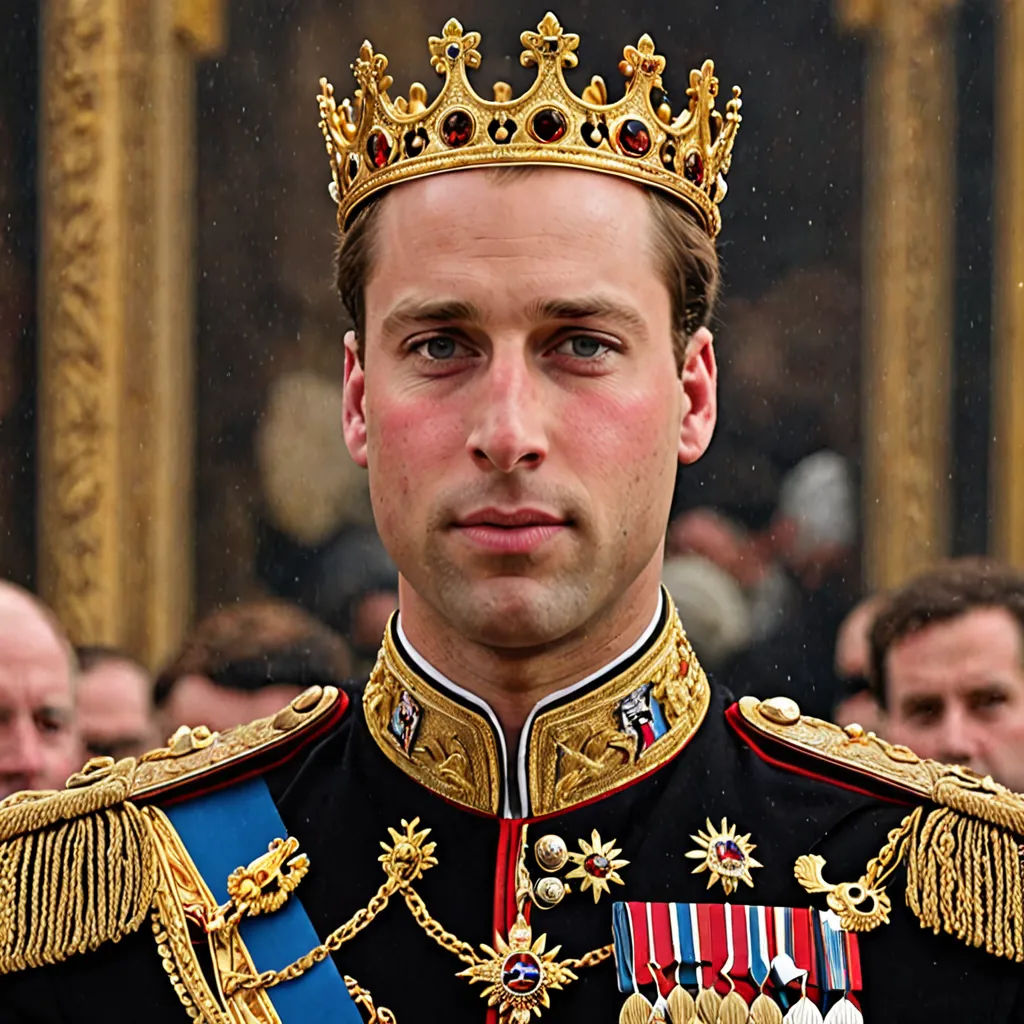 a man in a military uniform with a crown on his head and other people in the background looking at the camera, excessivism, a colorized photo, Charles Bird King, crown