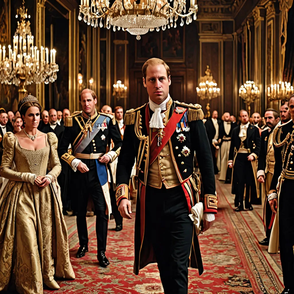 a man in a military uniform walking down a hall with other people in formal dress and in formal dress, pre-raphaelitism, a detailed matte painting, Edward George Handel Lucas, vfx