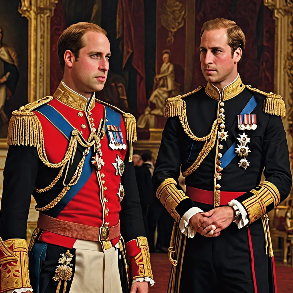 two men in uniform standing next to each other in a room with gold walls and paintings on the walls, sots art, a detailed matte painting, David Young Cameron, promotional image