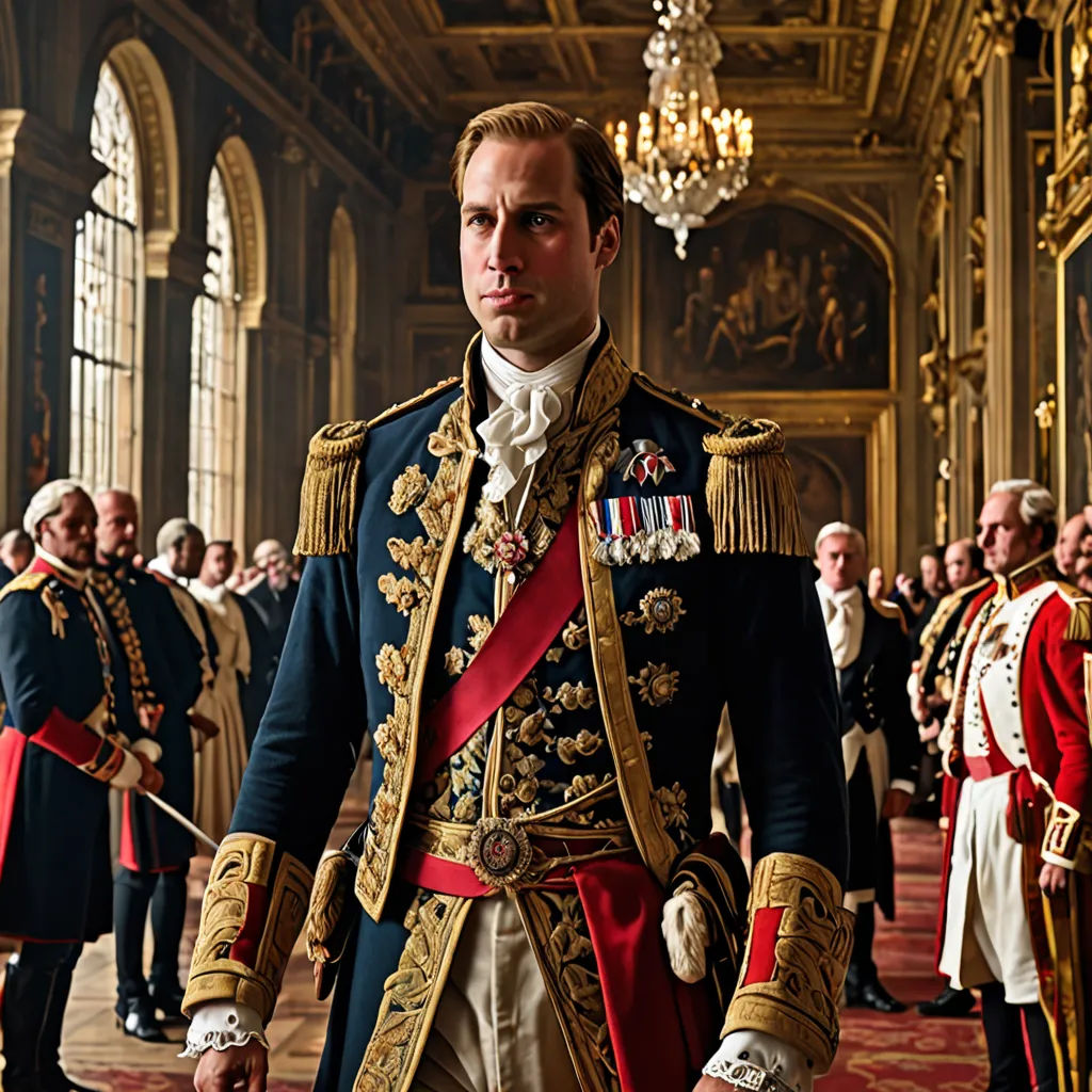 a man in a military uniform standing in a room with other men in uniform behind him and a chandelier hanging from the ceiling, pre-raphaelitism, a detailed matte painting, Carl Gustaf Pilo, promotional image