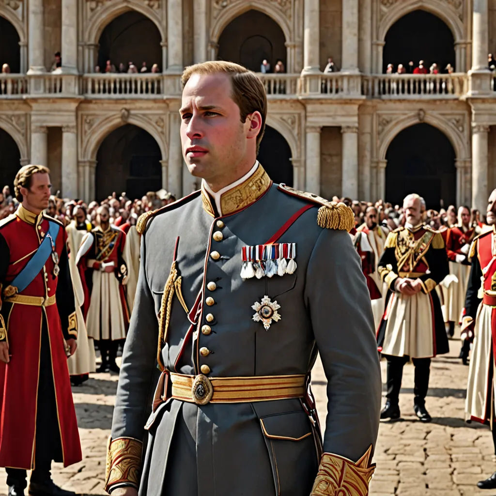 a man in a military uniform standing in front of a crowd of people in uniform and in front of a building, pre-raphaelitism, a detailed matte painting, David Young Cameron, vfx