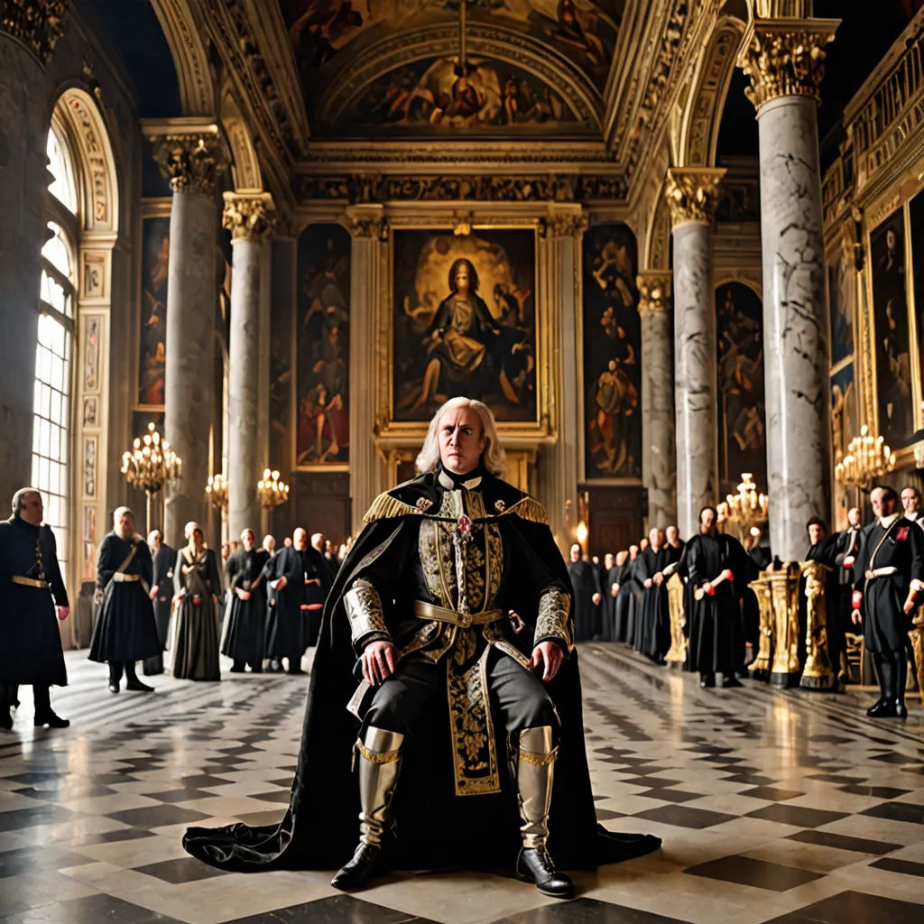 a man in a black and gold outfit sitting on a chair in a large room with a lot of people, mannerism, a flemish Baroque, Carl Gustaf Pilo, promotional image