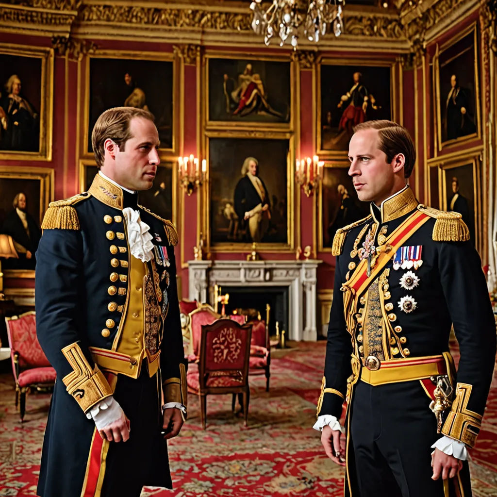 two men in uniform standing in a room with paintings on the walls and a chandelier hanging from the ceiling, pre-raphaelitism, a detailed matte painting, Carl Gustaf Pilo, promotional image