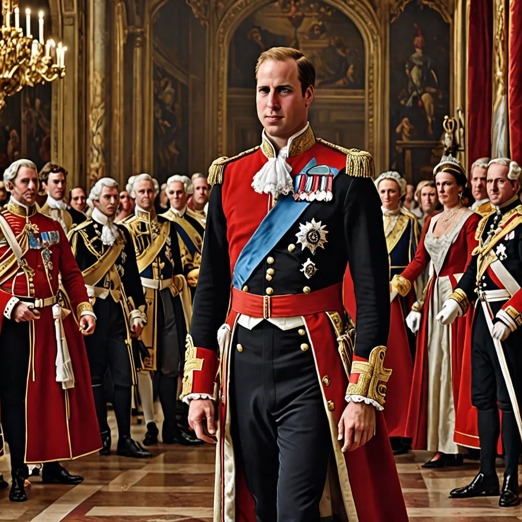 a man in a red and black uniform standing in front of a group of men in uniform in a palace, viennese actionism, a detailed matte painting, Carl Gustaf Pilo, promotional image