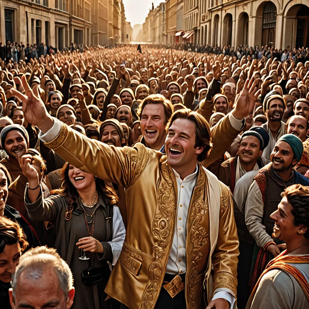 a man in a gold jacket is surrounded by a crowd of people in a street with buildings and a building, renaissance, a renaissance painting, Alesso Baldovinetti, vfx