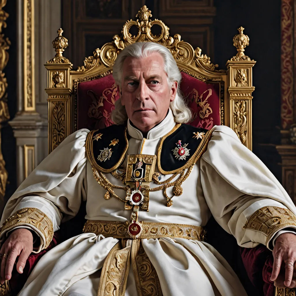a man in a white robe sitting on a red chair with gold trimmings and a crown on his head, renaissance, a flemish Baroque, Carl Gustaf Pilo, promotional image