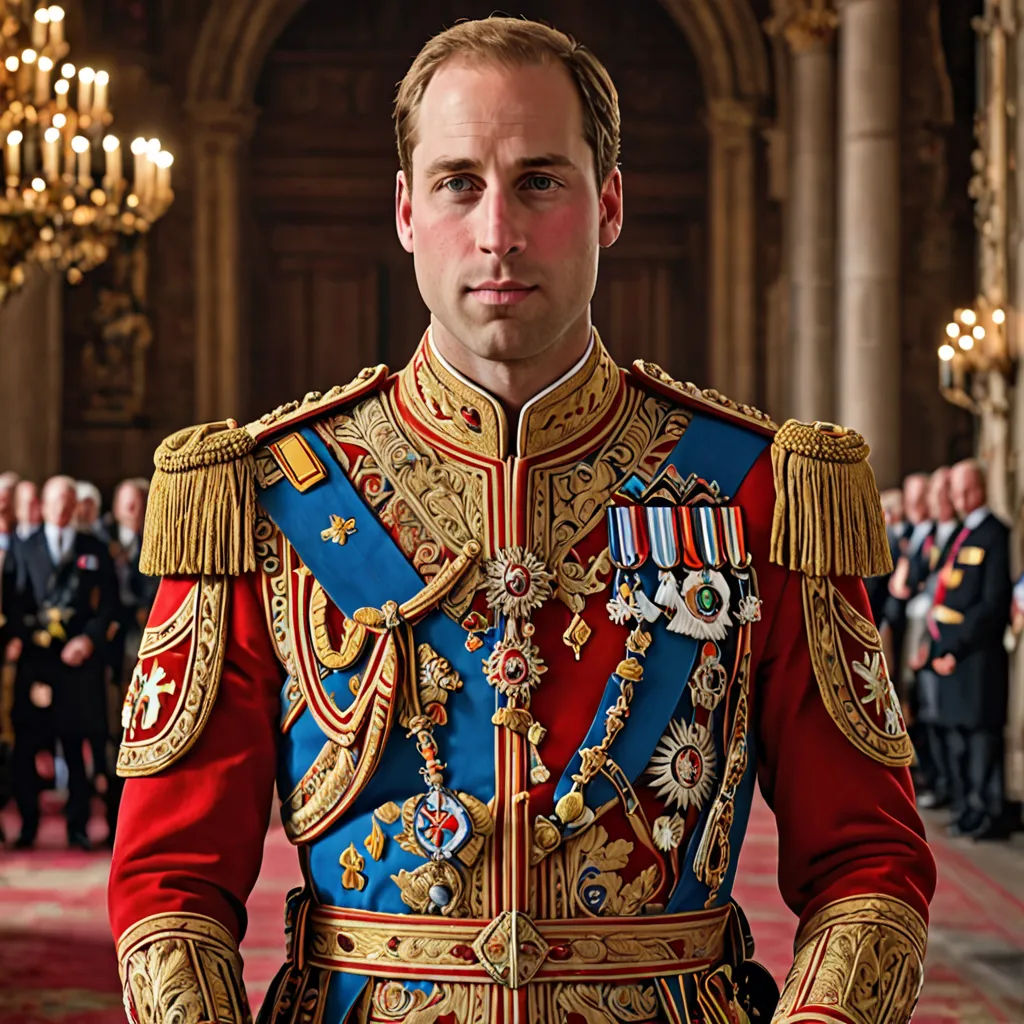 a man in a uniform standing in a room with people in the background and a chandelier hanging from the ceiling, regionalism, a photorealistic painting, David Young Cameron, regal