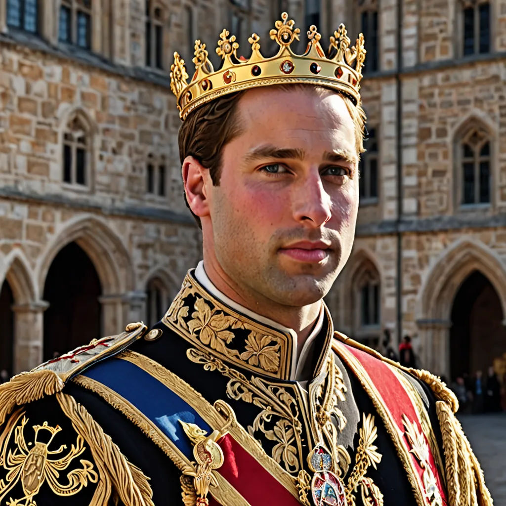 a man in a regal outfit standing in front of a castle building with a crown on his head and a red and blue sash, pre-raphaelitism, a character portrait, Alexander Runciman, promotional image