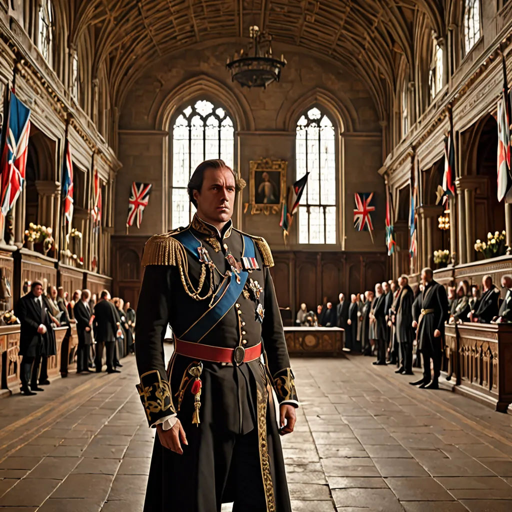 a man in a uniform standing in a large room with flags on the walls and people in the background, arts and crafts movement, a detailed matte painting, David Macaulay, promotional image