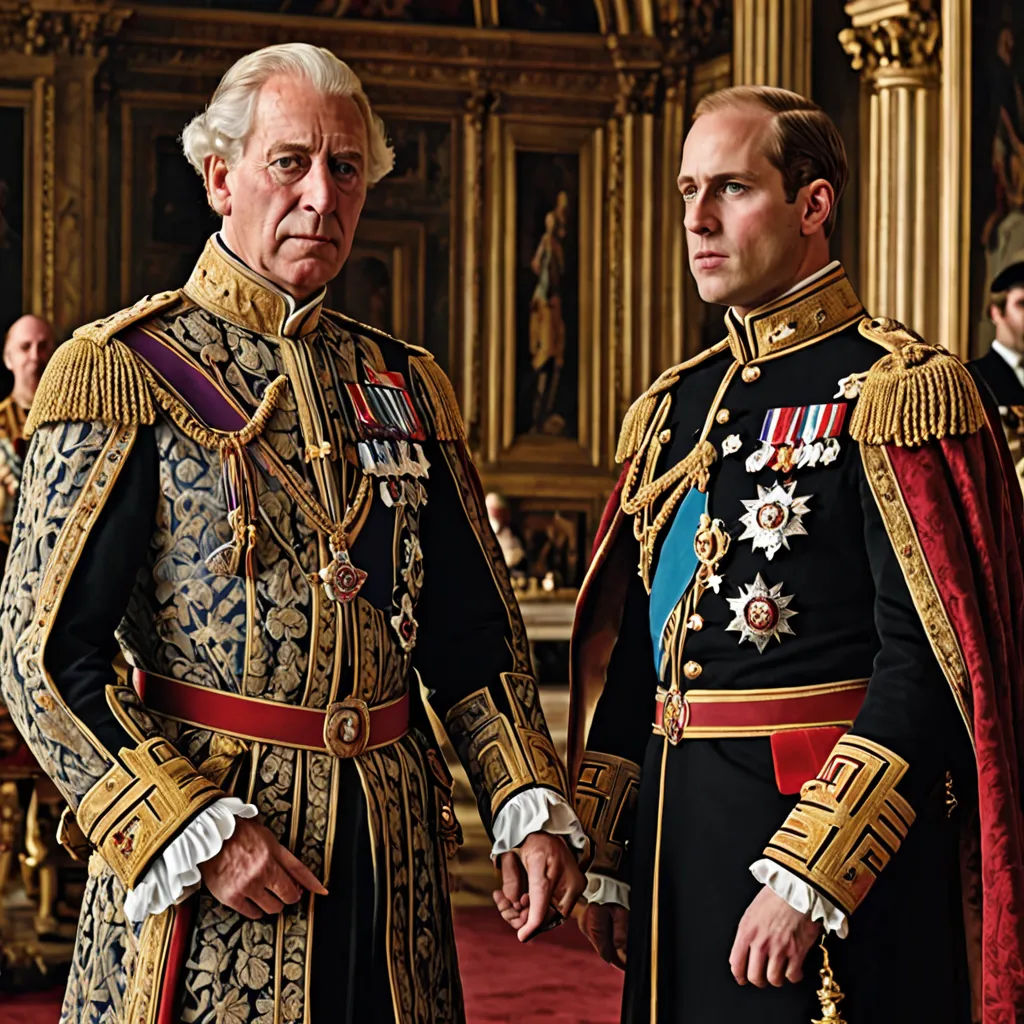 a couple of men in uniform standing next to each other in a room with gold walls and a red carpet, pre-raphaelitism, a colorized photo, Carl Gustaf Pilo, vfx