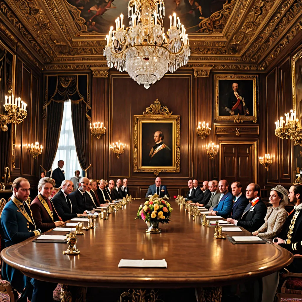 a group of people sitting around a table in a room with chandeliers and paintings on the walls, mannerism, a flemish Baroque, Allaert van Everdingen, promotional image