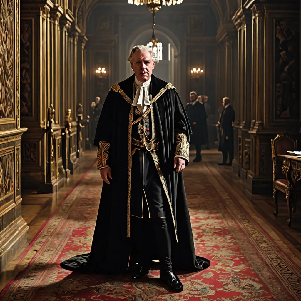 a man in a black robe and a gold crown standing in a hall with a red carpet and a chandelier, neoclassicism, a poster, David Macaulay, promotional image