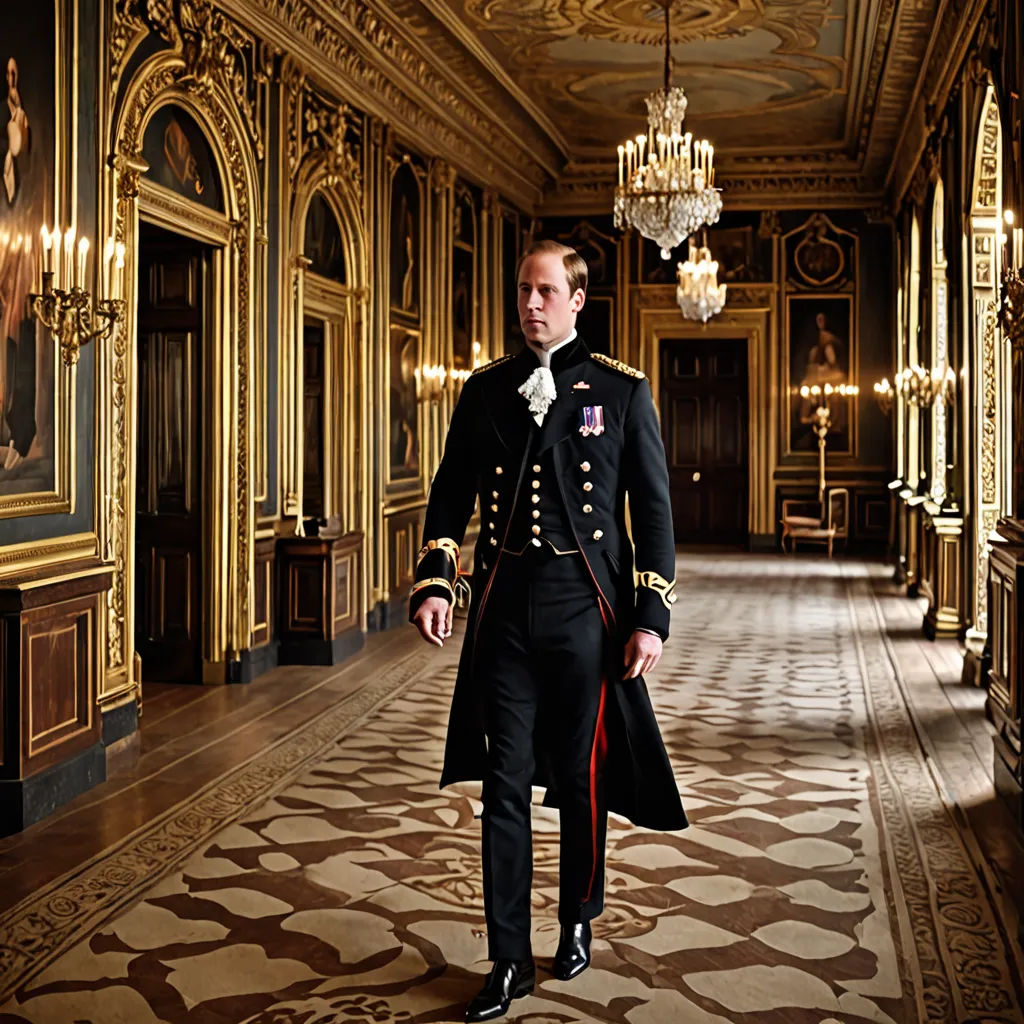 a man in a uniform standing in a hallway with chandeliers and paintings on the walls behind him, neoclassicism, a photorealistic painting, Carl Gustaf Pilo, promotional image