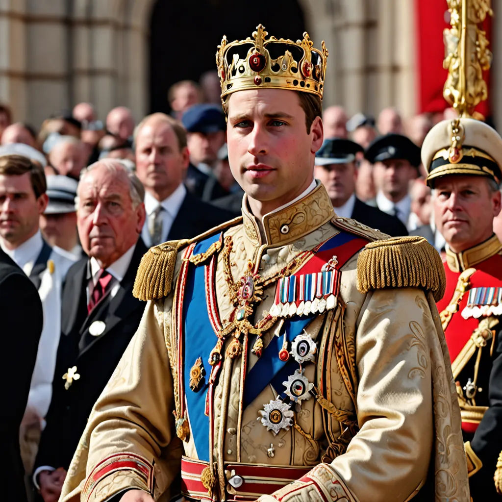 a man in a uniform standing in front of a crowd of people in suits and ties, with a crown on his head, pre-raphaelitism, a colorized photo, Charles Bird King, fantastically gaudy